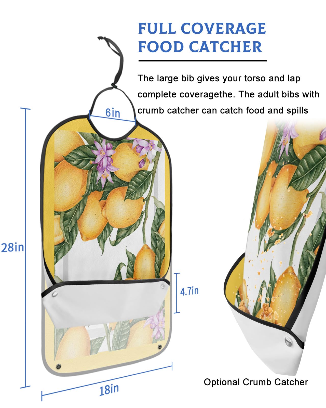 Summer Lemon Adult Bibs for Eating, Waterproof Bibs with Food Catcher & Adjustable Snap Closure, Yellow Lace Spring Floral Farmhouse Washable Clothing Protectors Adult Bibs for Elderly Women/Men