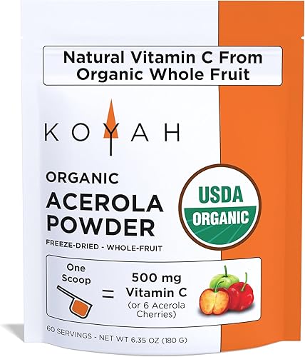 KOYAH - Acerola en polvo orgánica: liofilizada, 100% pura, 500 mg de vitamina C natural por cucharada, alimentos integrales, sin OMG, vegano, 60