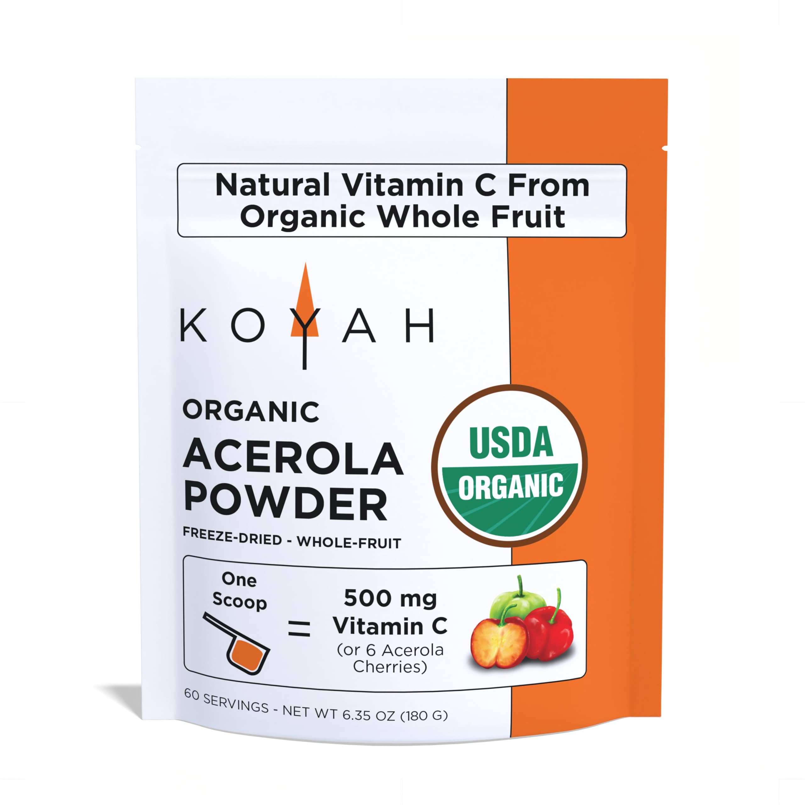 KOYAH - Organic Acerola Cherry Powder: 220 Servings (1 Scoop = 200% Vitamin C or 2 Whole Cherries) Freeze-Dried, Whole-Cherry Powder