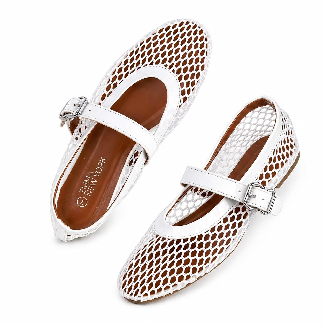 EMMA NEW YORK Mesh Ballet Flats for Women, Mary Jane Mesh Ballet Flats Shoes for Women with Buckle Strap (White, 10)