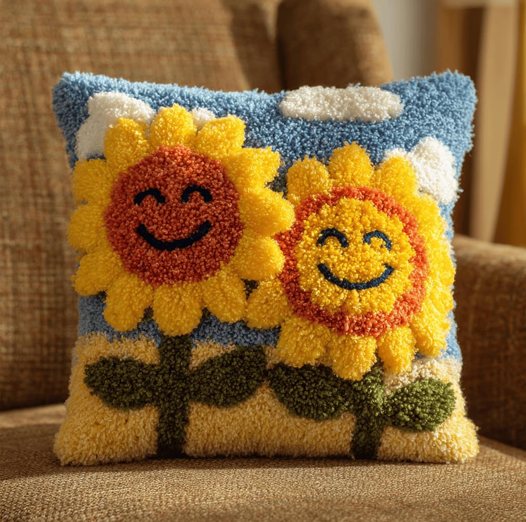 Taxpy DIY Latch Hook Pillow Kit Pre-Printed Hook and Latch Rug Kits Sunflower 17X17 Inch.Cross-Stitch Embroidery Cushion Cover for Home Sofa Decoration