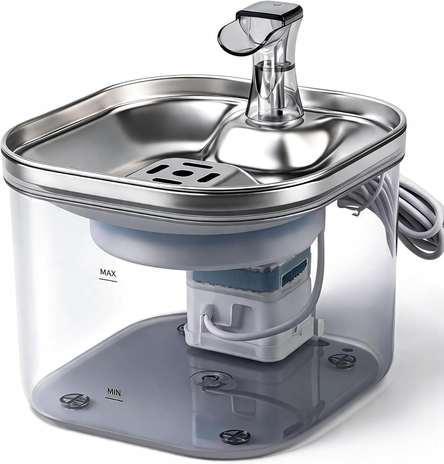 Cat Water Fountain 304 Stainless Steel Tray with Food-Grade Clear Plastic Tank, 68oz/2L Automatic Pet Water Dispenser, Ultra Quiet Pump, Multi-Layer Filters for Indoor Cats & Small Dogs