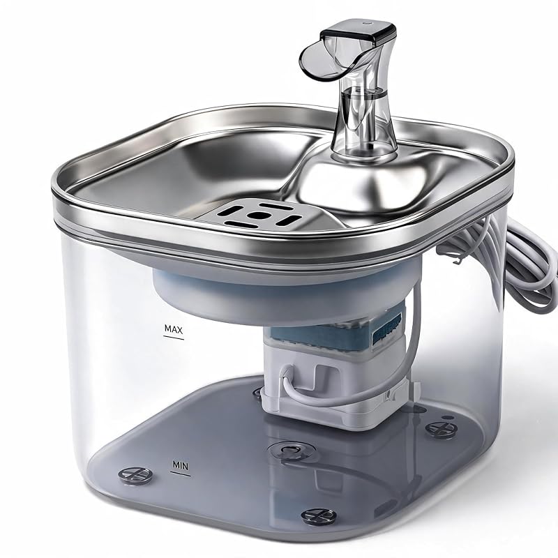 Fonte para gatos com bandeja de aço inoxidável 304 e tanque transparente ATADD 2 L