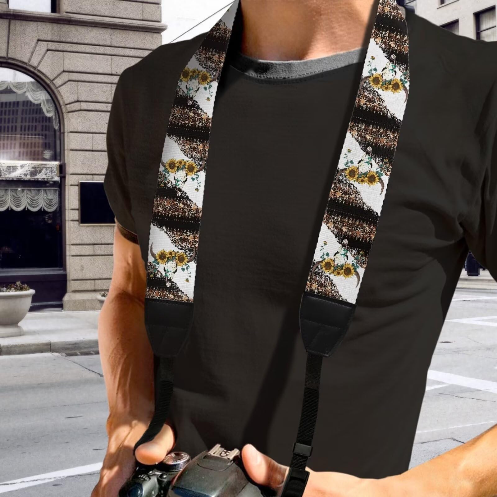 Goncariar Bull Skull Camera Strap for Photographers Adjustable Camera Shoulder Sling Strap Western Camera Neck Strap with Quick Release Shoulder Strap Sunflower Camera Straps Tribal Indian