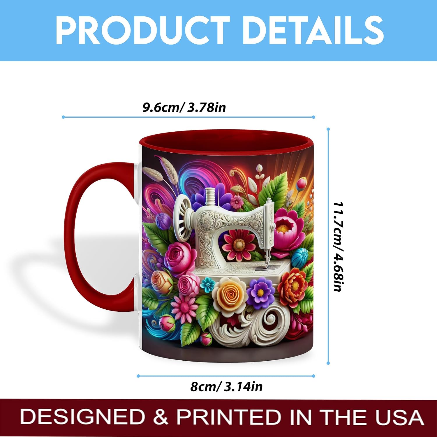 Vintage Sewing Machine Coffee Mug, Floral Design, 3D Art Accent, 11oz Ceramic Tea Cup, Gift for Quilters and Sewing Enthusiasts, Dishwasher and Microwave Safe, Unique Kitchen Décor image 5