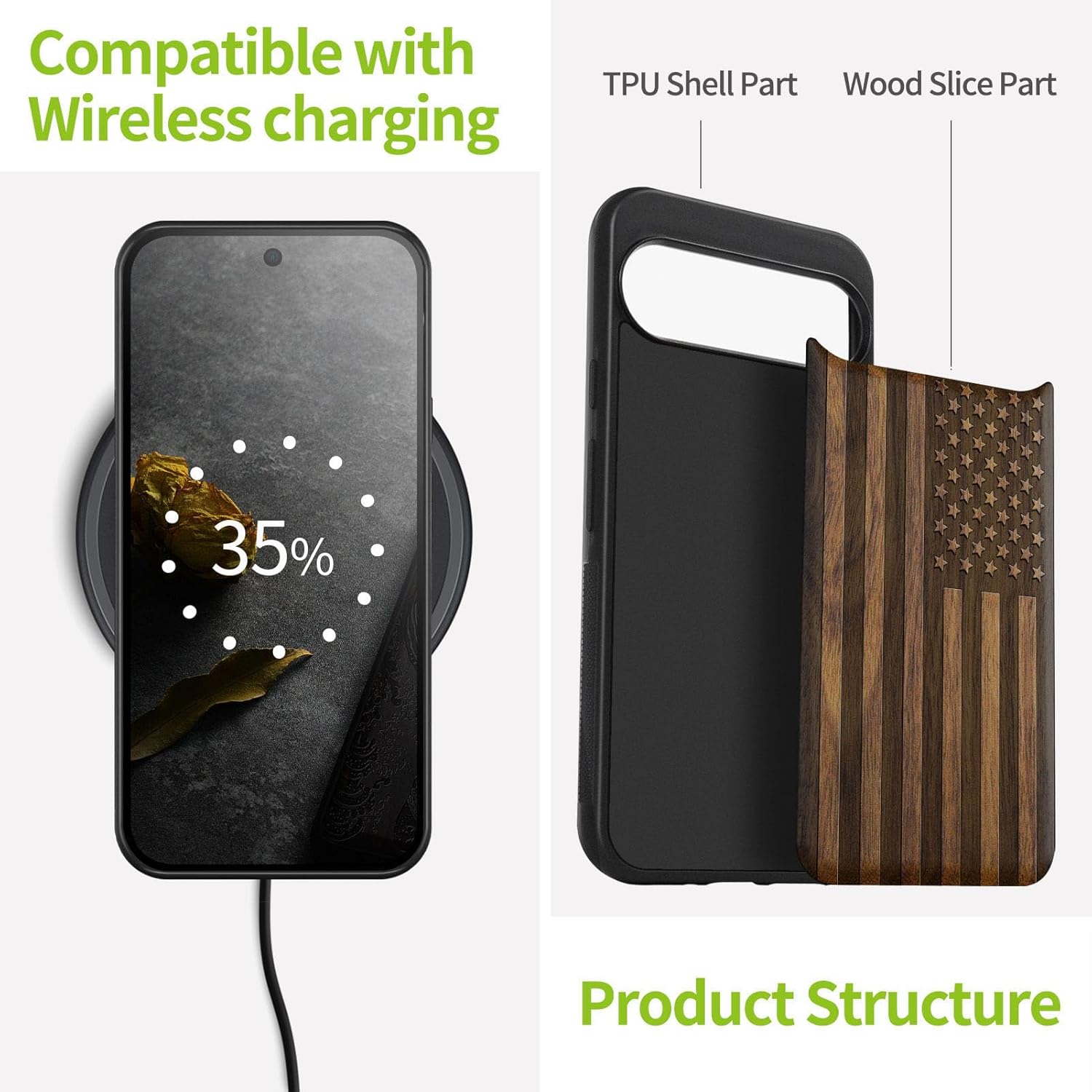 Carveit Wood Case for Pixel 9 Case [Natural Wood & Black Soft TPU] Shockproof Protective Unique Wooden Cover Compatible with Google Pixel 9 (American Flag-Walnut)