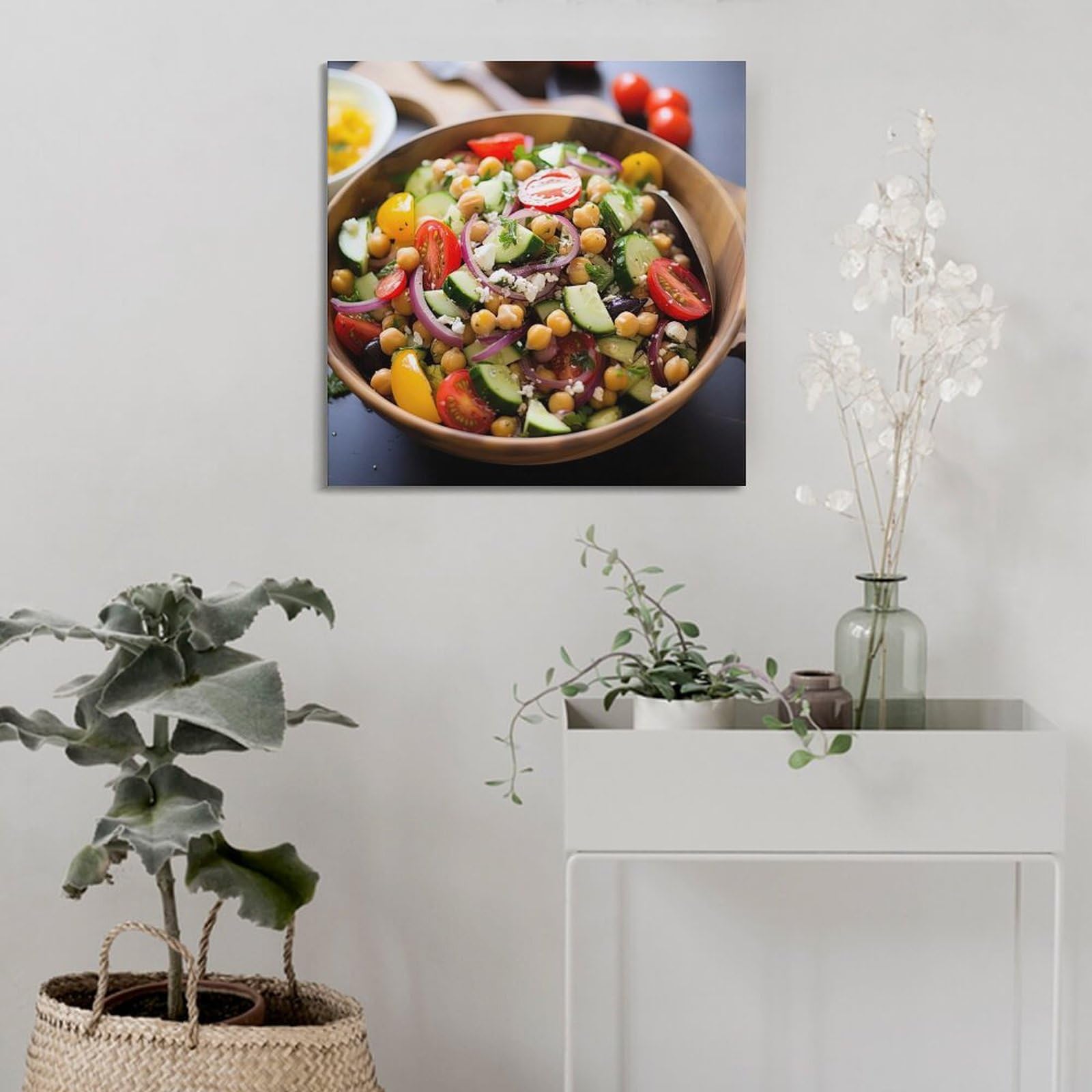 Poster mit veganen Rezepten, farbenfroher Kichererbsen-Salat, griechischer Feta, Olive, vegetarisches Gericht, dekoratives Gemälde, Leinwand, Wandkunst, Bilddruck, moderne