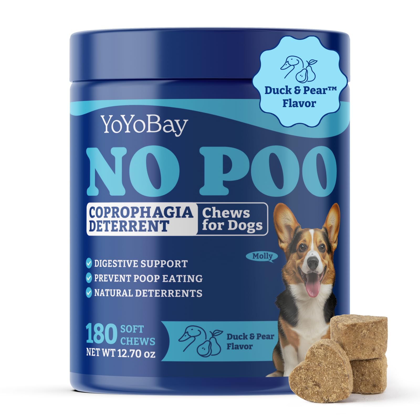 YoYoBay No Poo Chews for Dogs, Coprophagia Deterrent, Stool Eating Deterrent - with Probiotics, Fiber Blend, Natural Deterrent - Digestive Health & Immune Support - 180 Soft Chews, Duck & Pear Flavor
