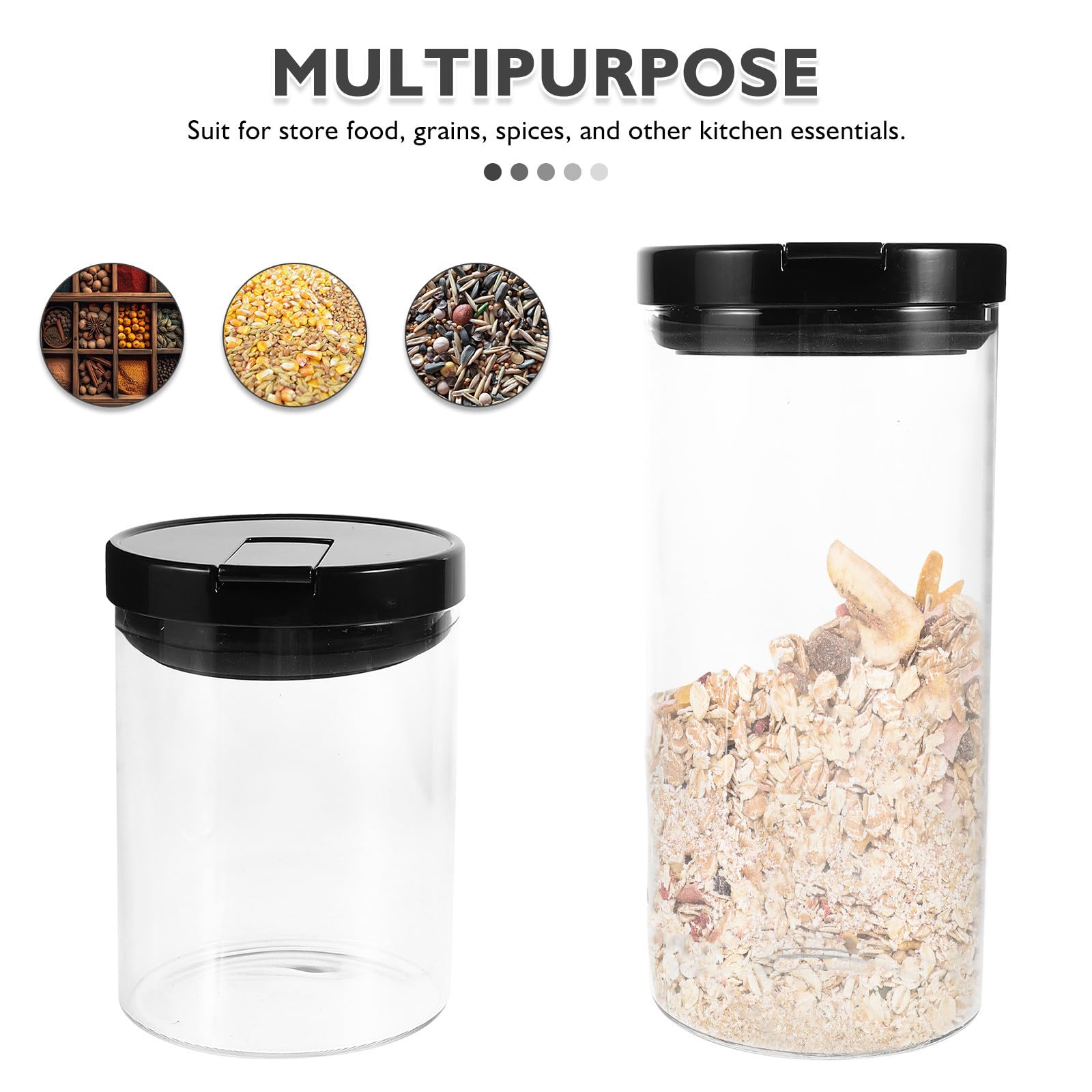 Tarros de Vidrio Herméticos 2 Piezas 700ml y 1200 Ml | Tapa de Plástico Negra, Acabado Transparente Minimalista, Uso en Despensa y Encimera, para Arroz y Granos