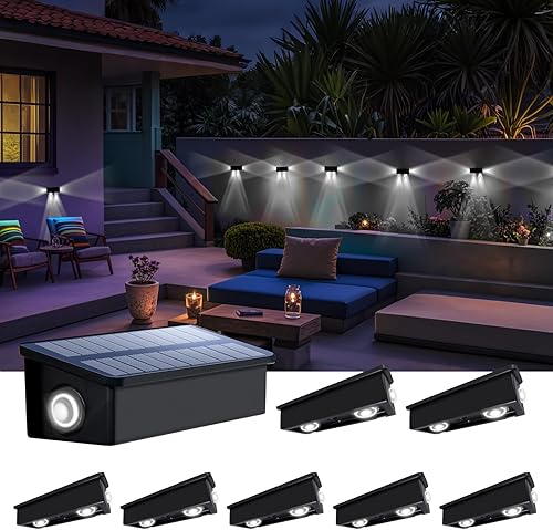 Luces de valla alimentadas por energía solar al aire libre, impermeables, 3 caras, pared LED, paisajismo, paquete de 8 para patio, terraza, riel,