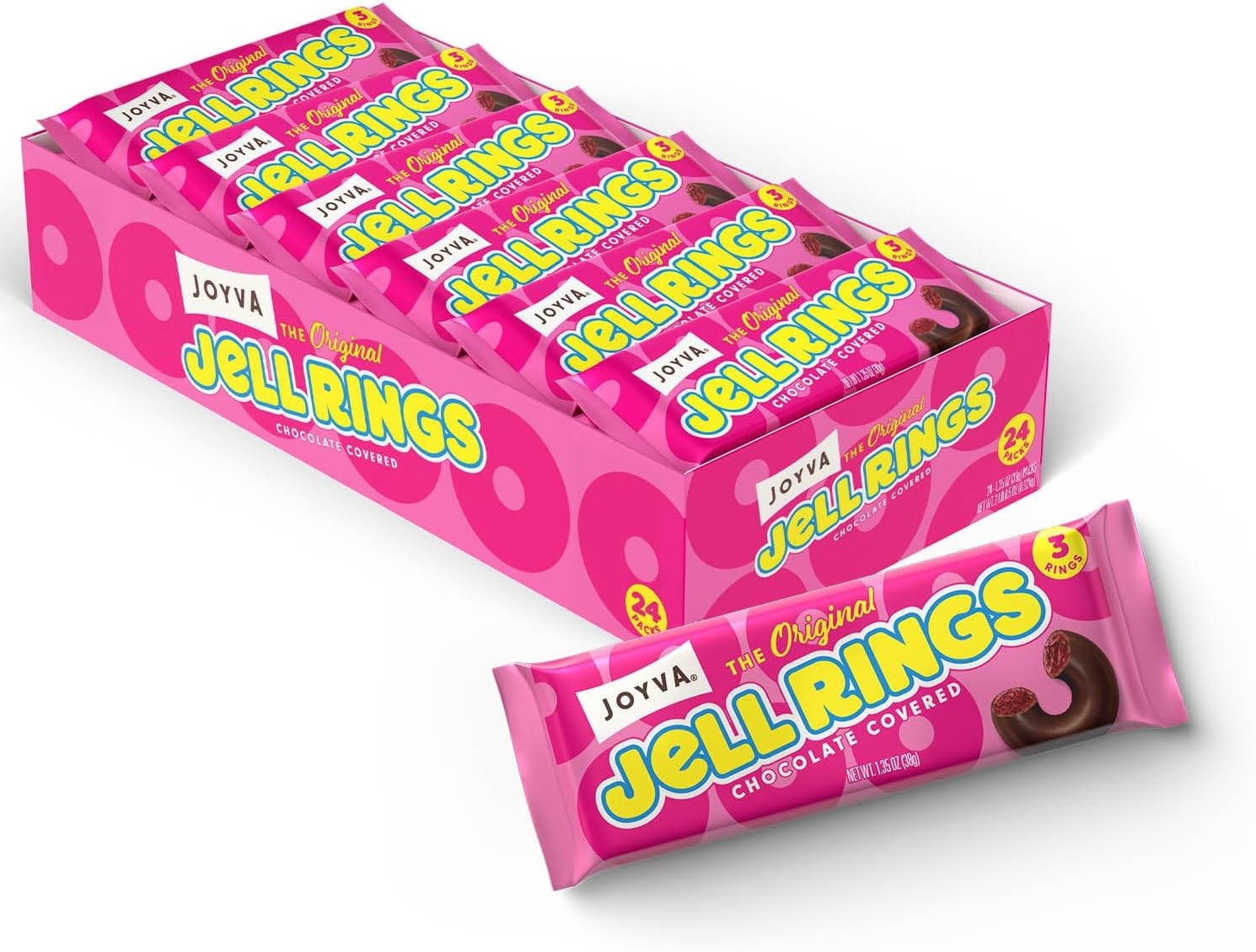 Joyva Original Jell Rings | Box of 24, 3 Packs | Sweet Jell Center with Smooth Dark Chocolate Coating | Kosher Parve | Free of Dairy, Gluten, Soy, and Preservatives