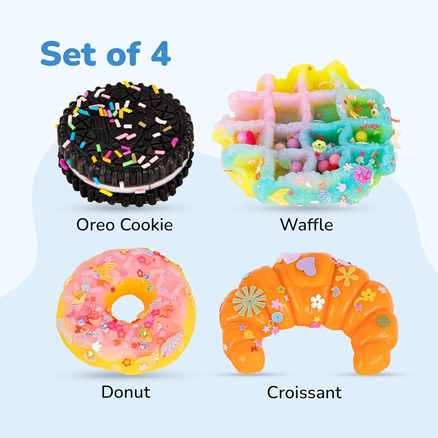 ArtCreativity Squishy Treats Fidget Toys for Kids and Adults - 4 Pack - Super Soft Squishy Dessert Include Sandwich Cookie, Donut, Croissant, and Waffle - Squeeze Toys for Stress Relief and Anxiety