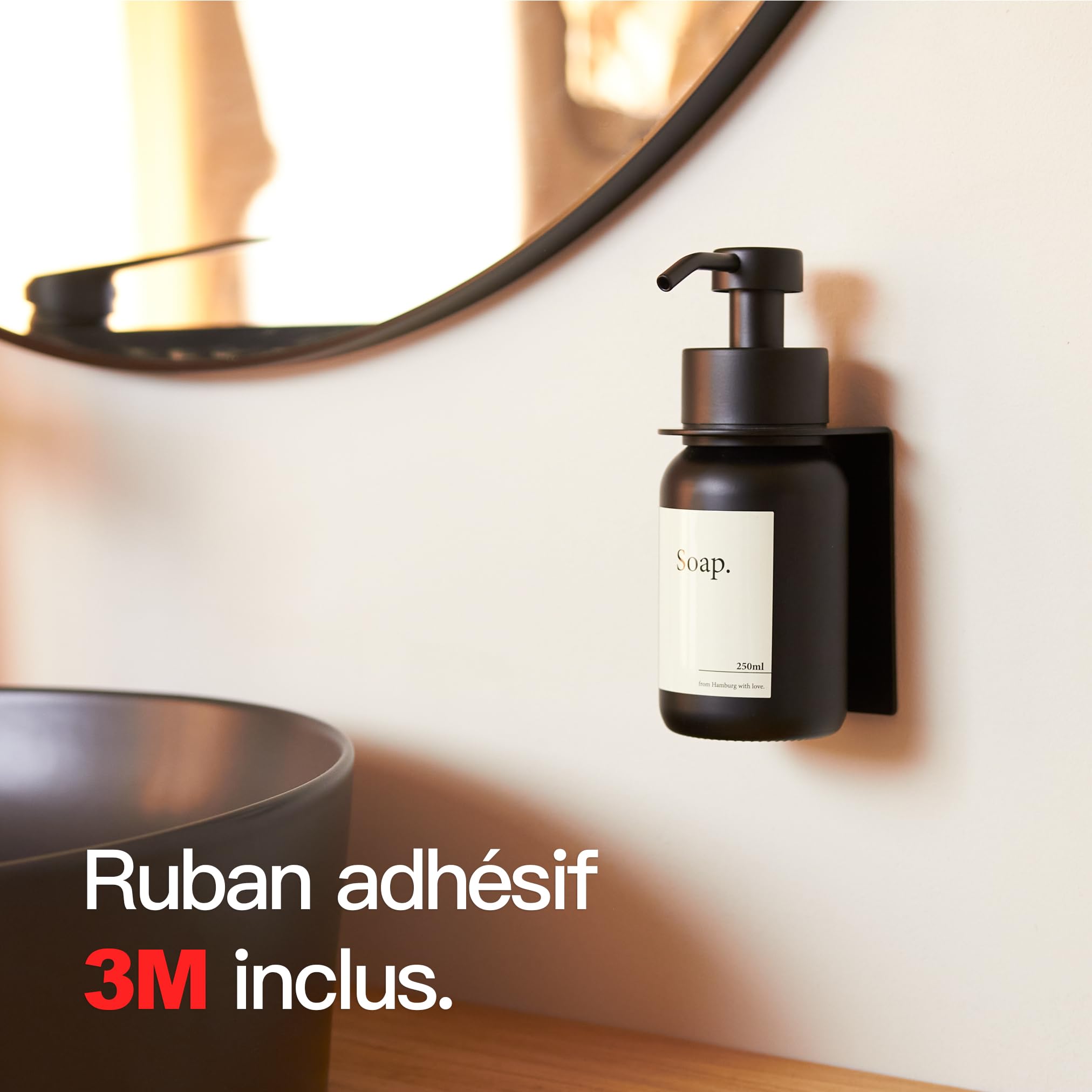 Design Hambourg Distributeur De Savon Mural en Verre avec Fixation Auto-Adhésive | Distributeur À Pompe en Acier Inoxydable | Support Savon Salle de Bain (1, Noir Noir, avec Support)