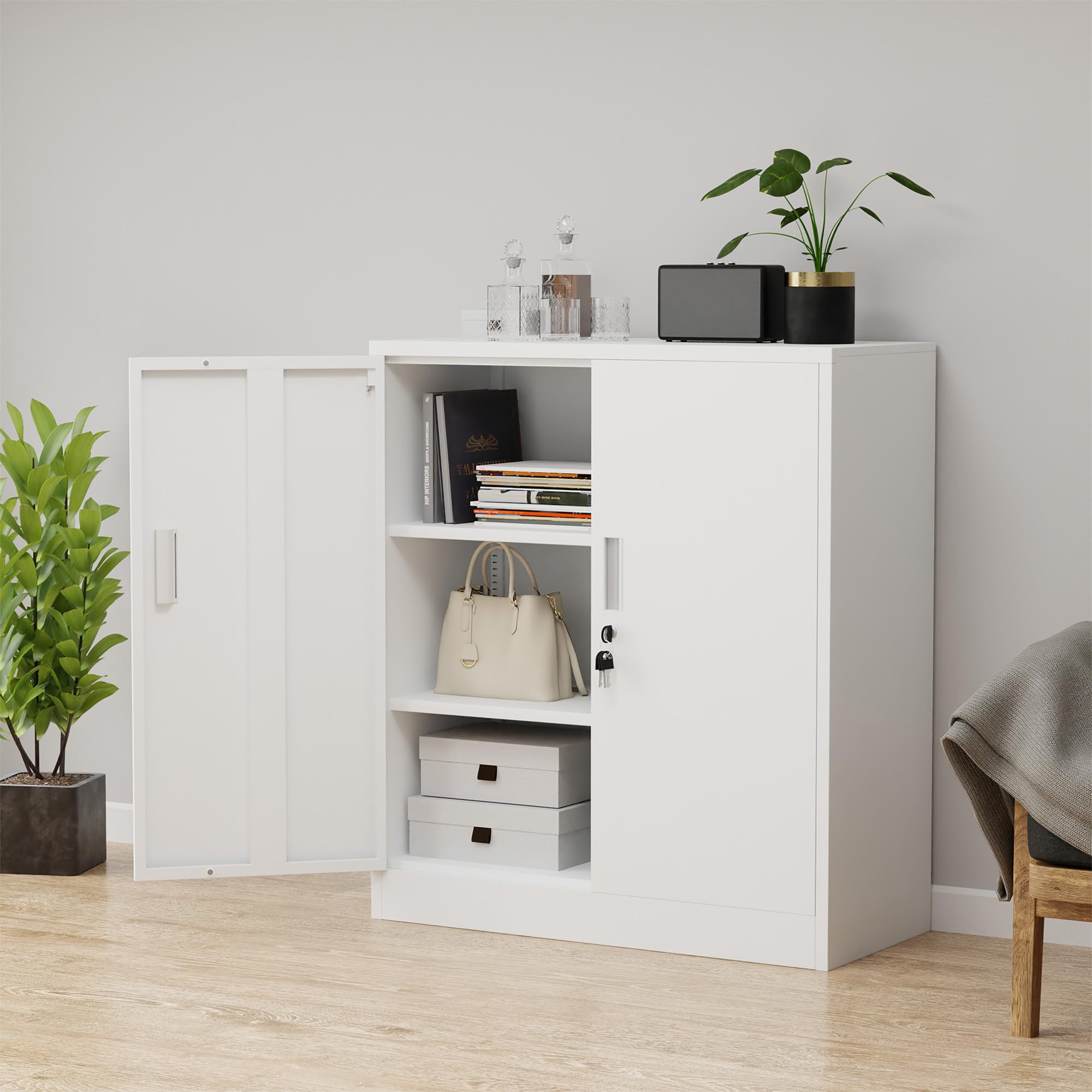 iJINGUR Armoire de Rangement en métal avec Portes verrouillables et 2 étagères réglables, Petite Armoire de Rangement verrouillable pour la Maison, Le Bureau, Le Garage (Blanc, 92H cm)