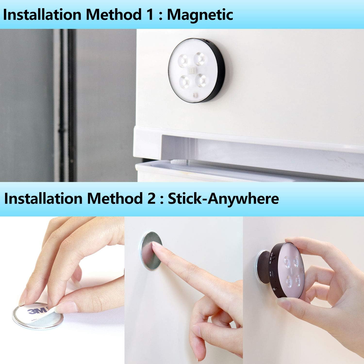 Daffodil Rechargeable Motion Sensing LED Night Light for Closet, Safe Lights for Hallway, Bathroom, Bedroom, Kitchen, etc(Round/Black),Pack of 2