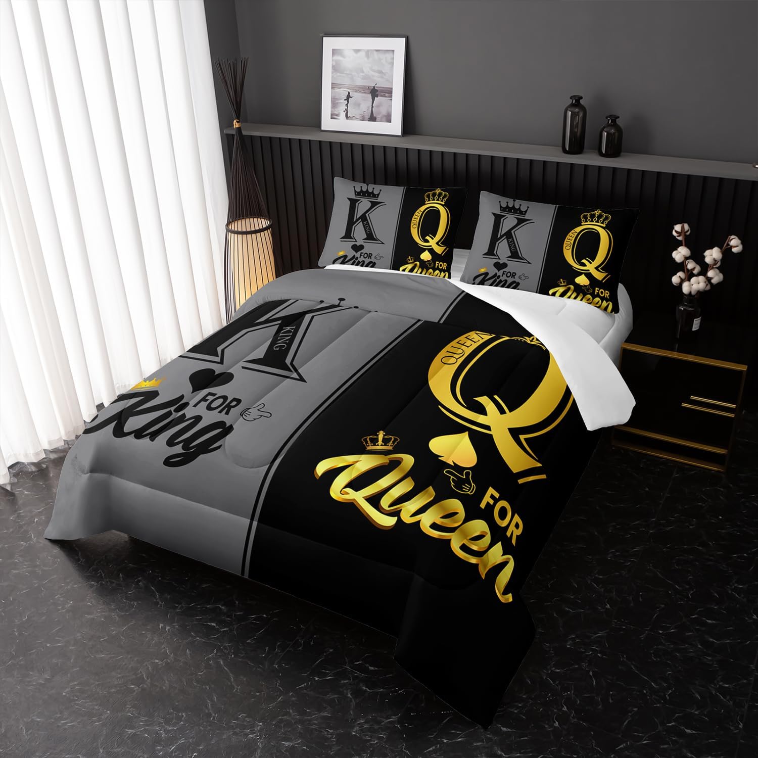King and Queen Crown Comforter Set Black and Gray Couple Bedding Set,3Pcs Mr Mrs Comforter Set for Adults Couple Men Women,His and Hers Quilt Set 2 Pillowcases Bedroom Decor Queen - Image 6