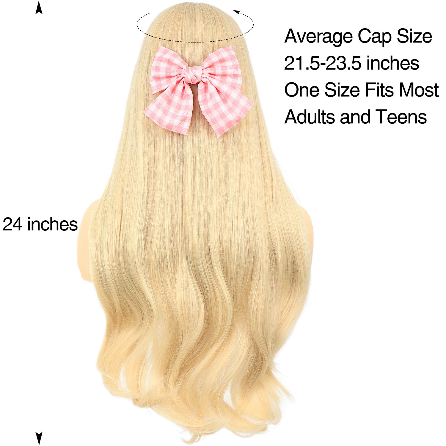 morvally Long Blonde Wig with Bangs for Women Wavy Synthetic Hair Wigs Cosplay Costume Halloween Party Daily Wear Including Shell Necklace Bracelets Earrings Sunglasses and Bow Hair Clip