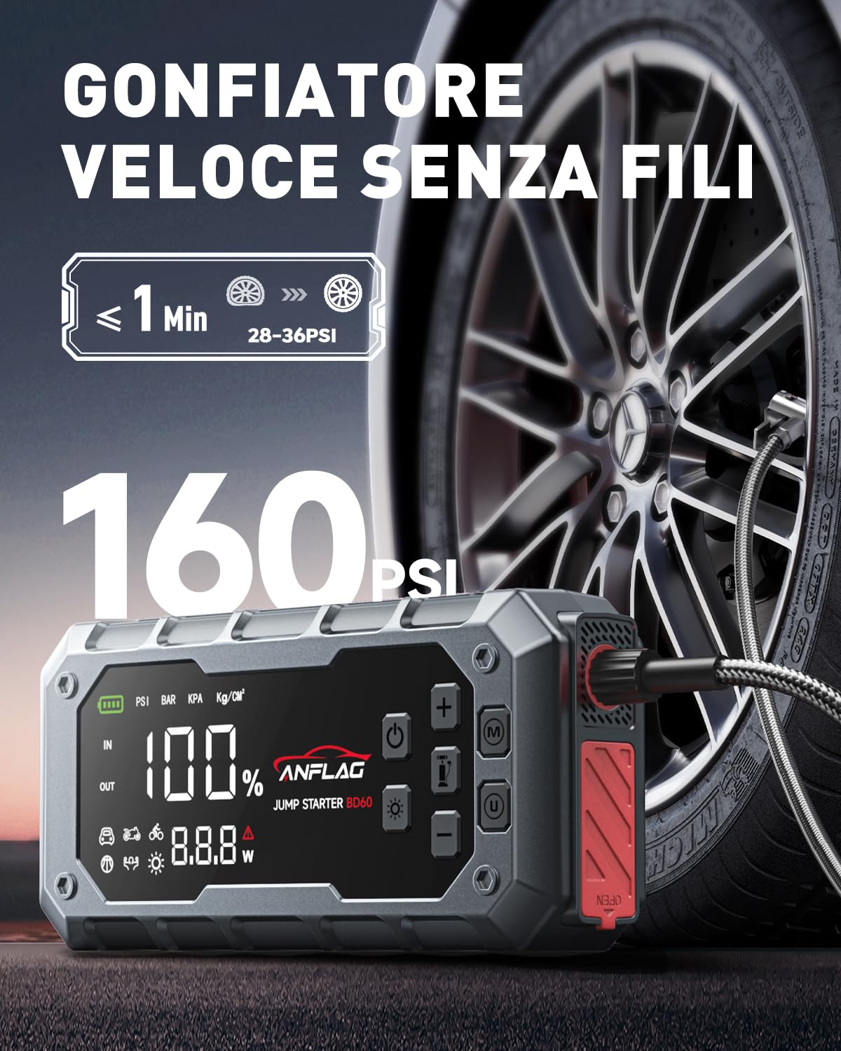 Booster Avviamento Auto 8000A, ANFLAG Avviatore Batteria Auto con Compressore 160PSI, 26800mAh Starter Batteria per Tutti Gas o 14L Diesel con PD65W Ricarica Rapida/Doppia USB/600 Lumen LED