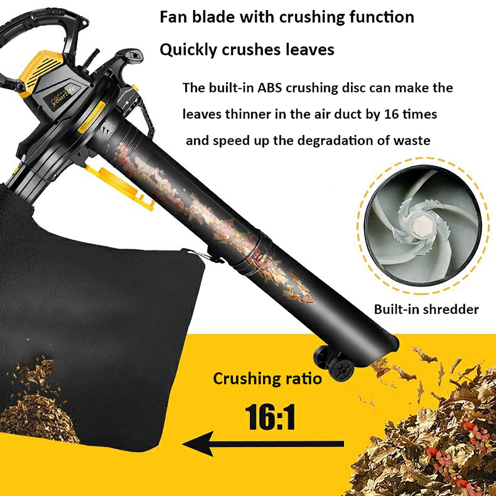 Soplador de Hojas eléctrico, soplador/Aspirador/triturador de jardín, con Bolsa recolectora de 40 L, Ajuste de 6 velocidades