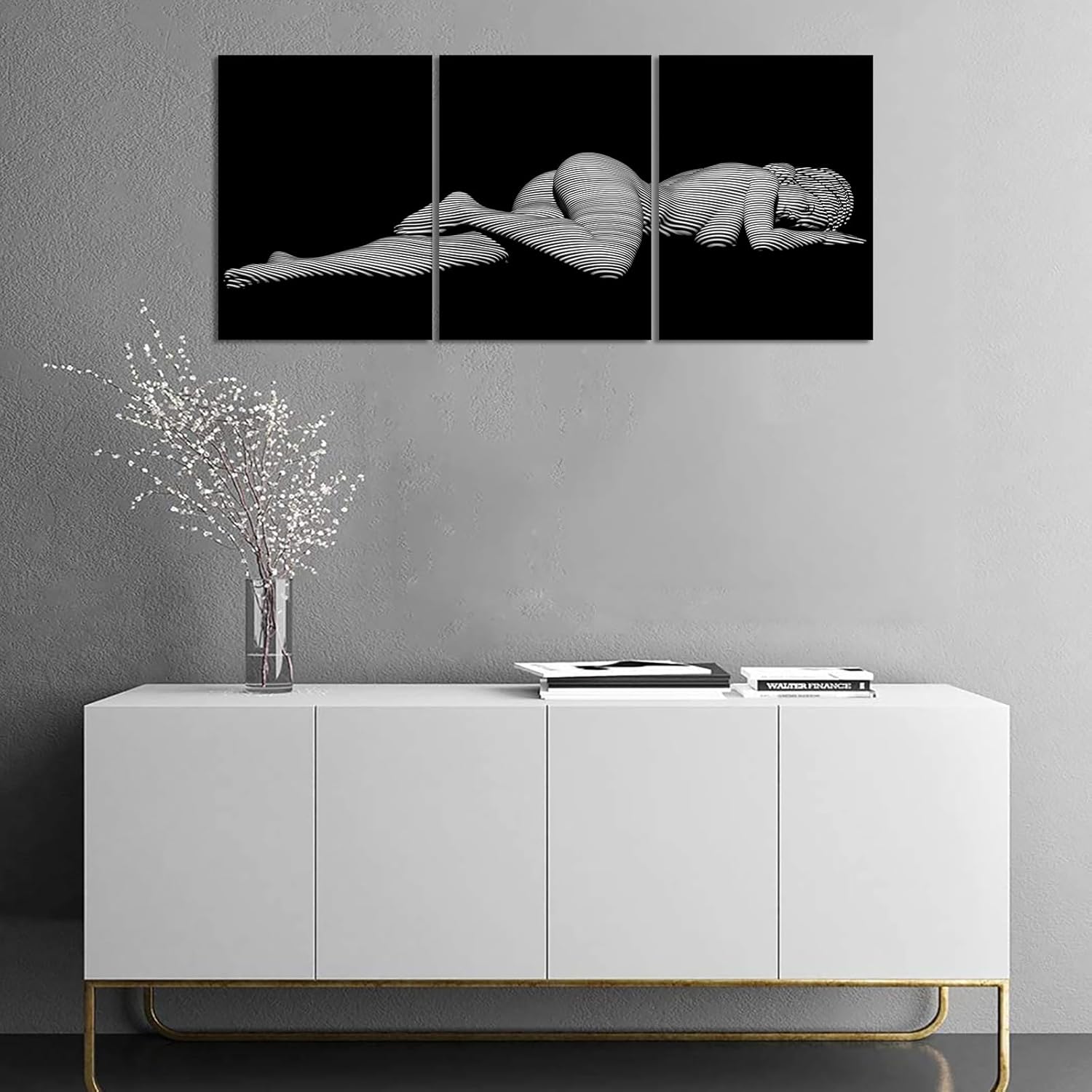 Sexy Wall Art for Bedroom Women - 3 Piece Black and White Woman Canvas Painting Abstract Stripe Nude Body Prints Female Poster Artwork for Bathroom Home Girls Room Wall Decor, Framed 12"x 16"x 3Pcs