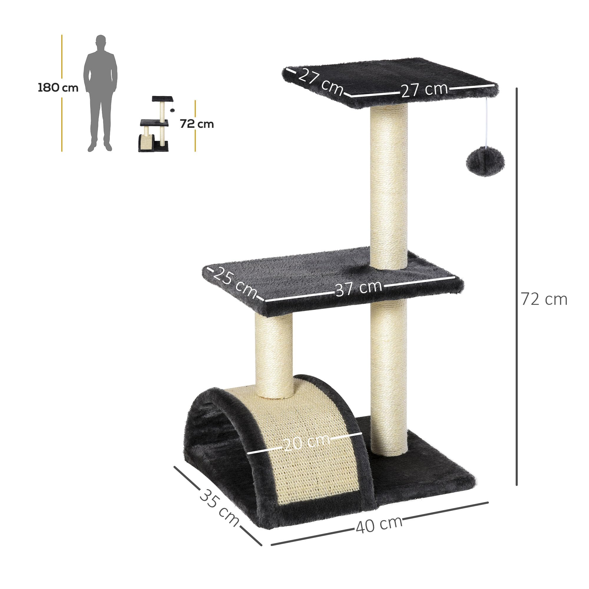 PawHut Albero Tiragraffi per Gatti a 3 Livelli 72 cm con Tappetino Tiragraffi ad Arco, Albero per Gatti Multilivello, Trespolo per Gatti con Pallina in Legno, Peluche e Sisal, Grigio