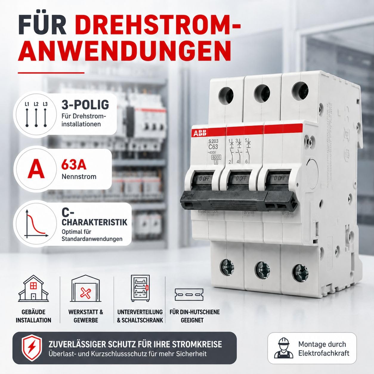 ABB S203-C63 Leitungsschutzschalter 3-polig C63A 6kA Sicherungsautomat Drehstrom LS-Schalter System pro M compact für Verteiler Hutschiene nach DIN EN 60898-1 Art. 2CDS253001R0634