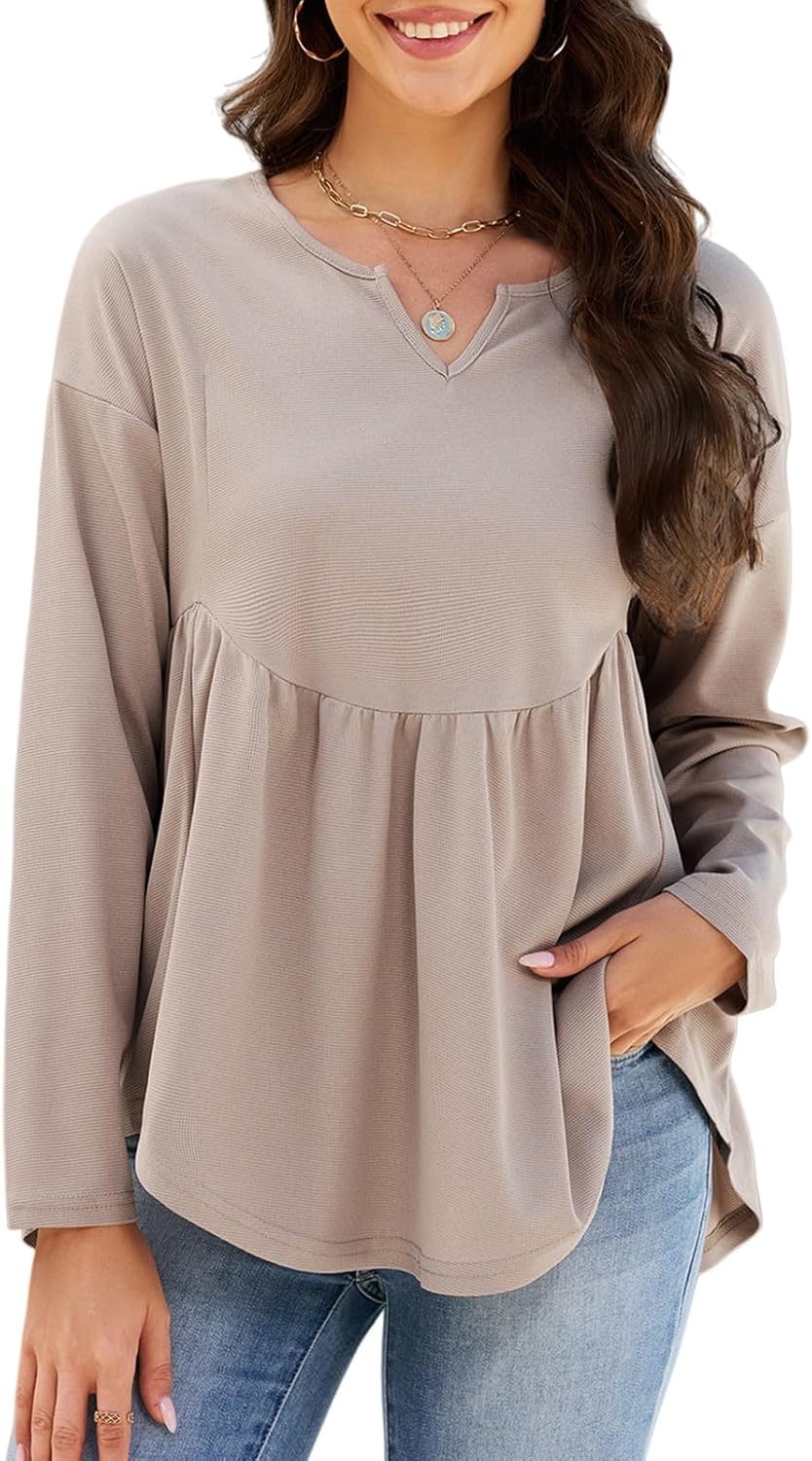 Women Waffle Knit Long Sleeve Shirt V Neck Babydoll Tunic Tops Fall Winter Casual Fashion Clothes