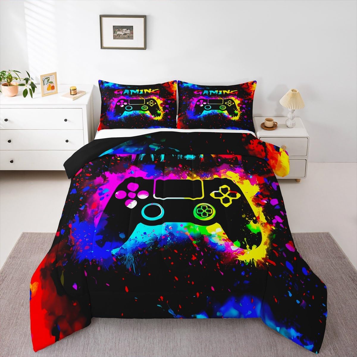 Colorful Gamer Bedding Set Twin Size Gaming Comforter Teens Bedroom Decor Modern Game Console Controller Duvet Set Breathable Soft Lightweight Microfiber Women Men Joystick with 1 Pillow Case