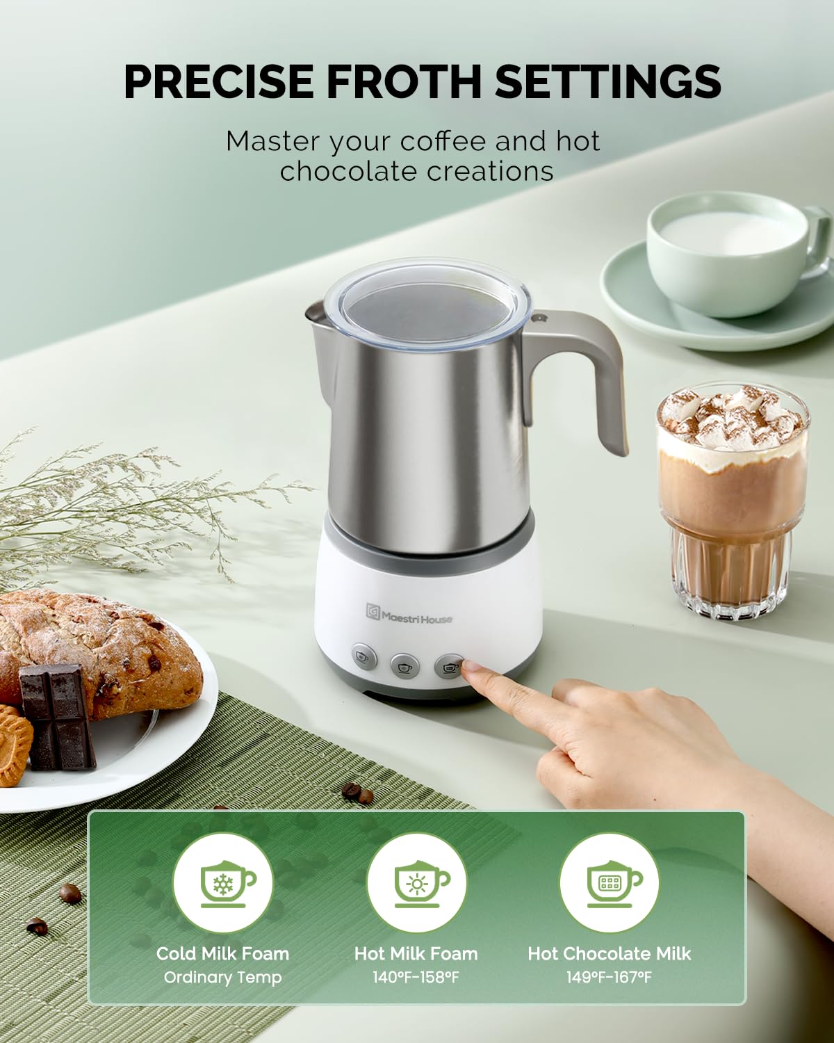Espumador de leche, vaporizador de leche eléctrico 4 en 1, 16.9 onzas, 600 W, control táctil inteligente, máquina de espuma fría y caliente, función de memoria para latte, capuchinos, 7