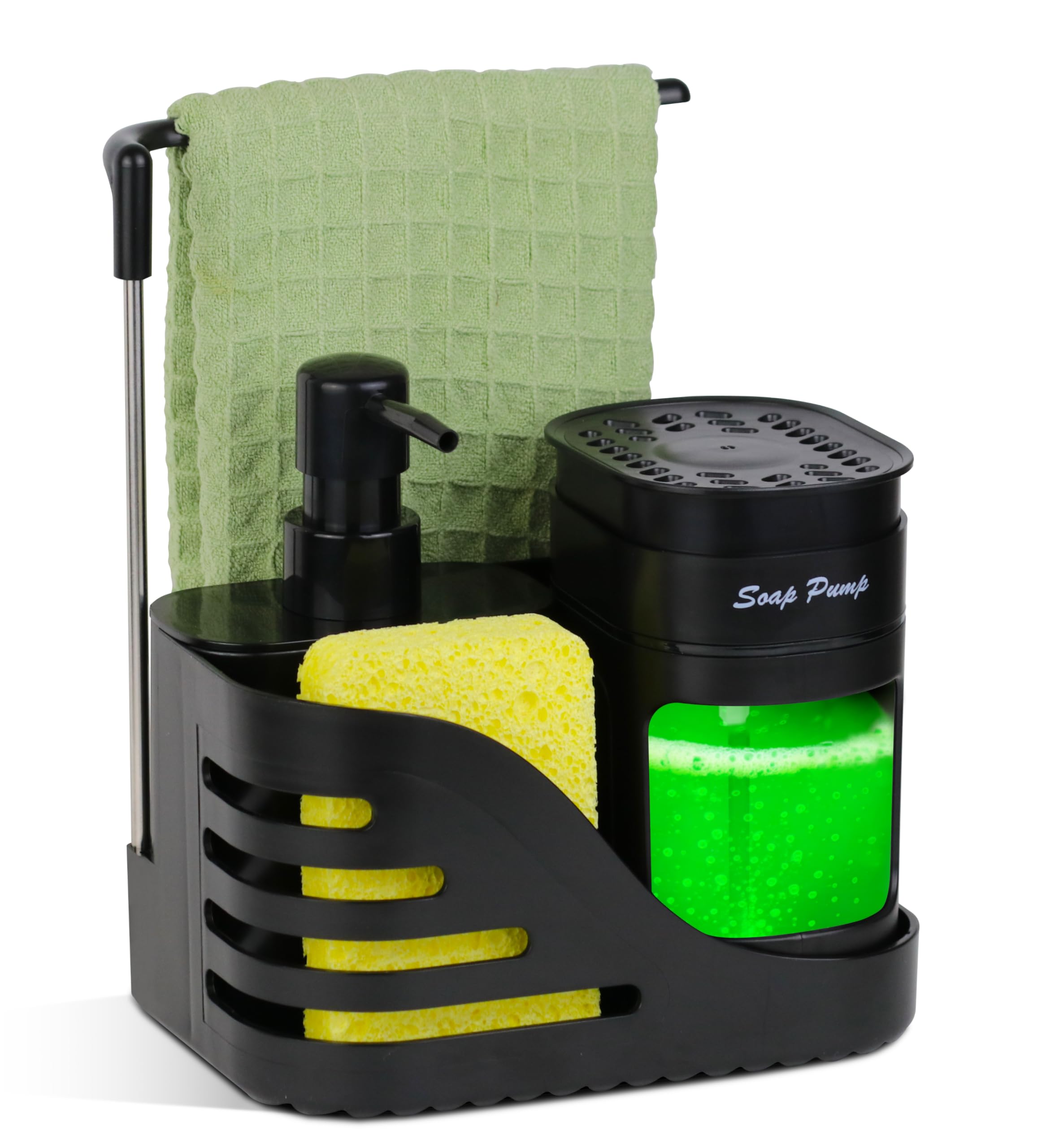 Organizer Lavello Cucina Nero – Dispenser Sapone 4 in 1 per Piatti e Mani, Porta Spugna e Asta per Straccio – Set Accessori Lavandino Salvaspazio Antiruggine