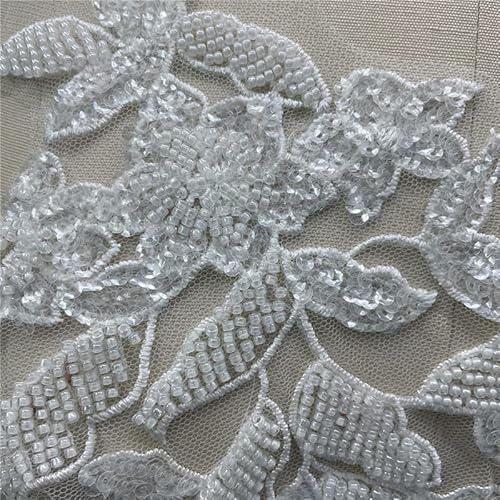 Beaded Flower Patches Sequin Applique Lace Fabric Trim Motif Sewing Bridal Wedding Vintage 3D For Wedding Dress Diy Clothing Flower Applique (White), 17*5.5'' #TOP7
