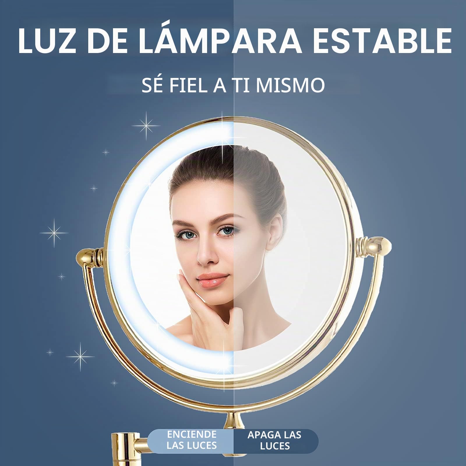 DowryEspejo cosmético con iluminación para pared, dorado con aumento 1X/7X, giratorio 360°, aumento ampliado con luz para baño, hotel, spa