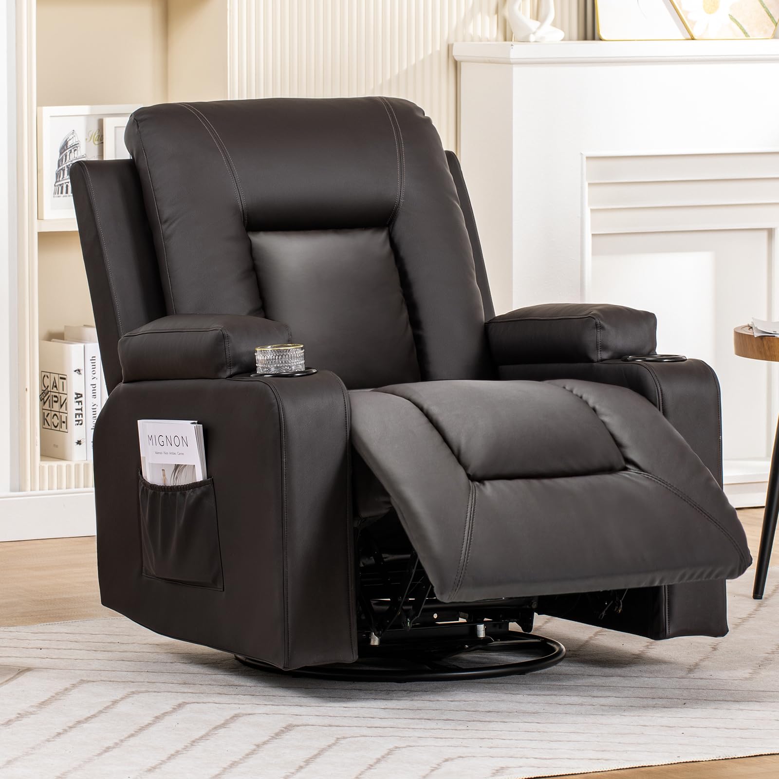 COMHOMA Recliner Chair, Swivel Rocker Recliners, Reclining Sofa with Side Pockets, Cup Holders for Living Room, Bedroom (Brown)