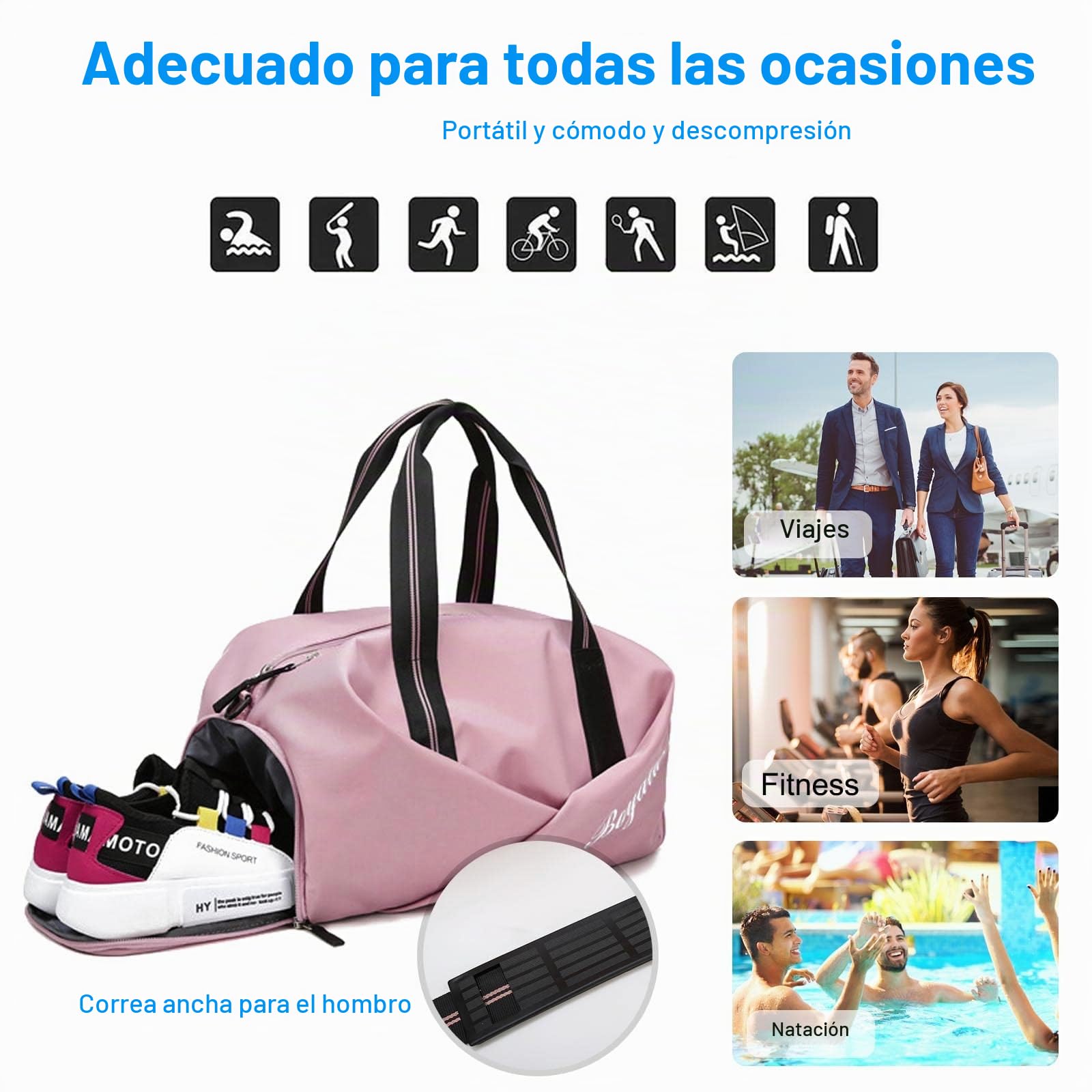 FANDARE Ultraligero Bolsa de Viaje Bolsa Deportivas de Gimnasio Bolsas de Viaje Mujer Hombre Bolsa de Fin de Semana Bolso Senderismo con Bolsillo de separación húmedo y seco y Zapato Compartimento