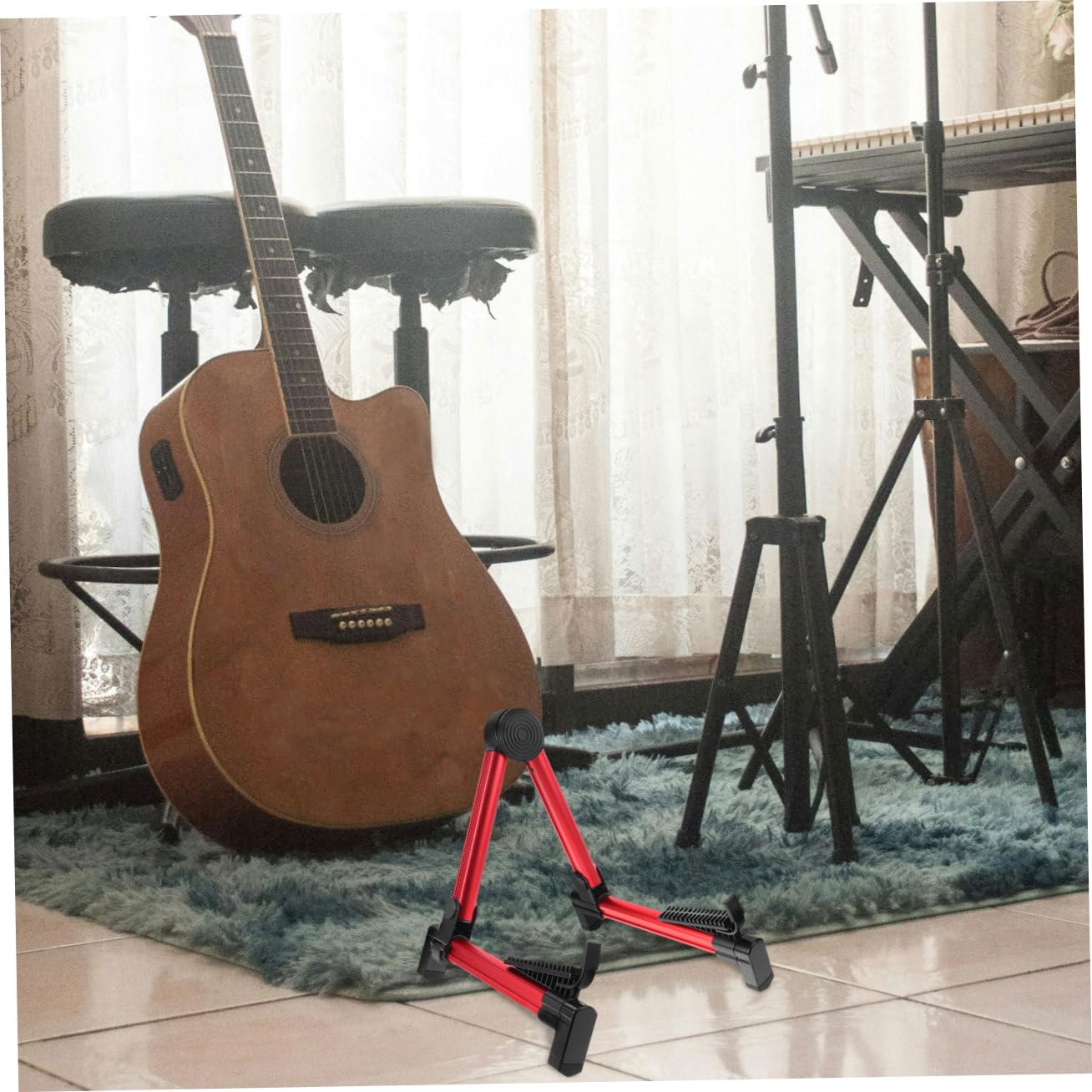 Supporto per Chitarra e Zhongruan da Terra Pieghevole, Lega di Alluminio e Silicone, Stabile per Uso Domestico, Colore Rosso