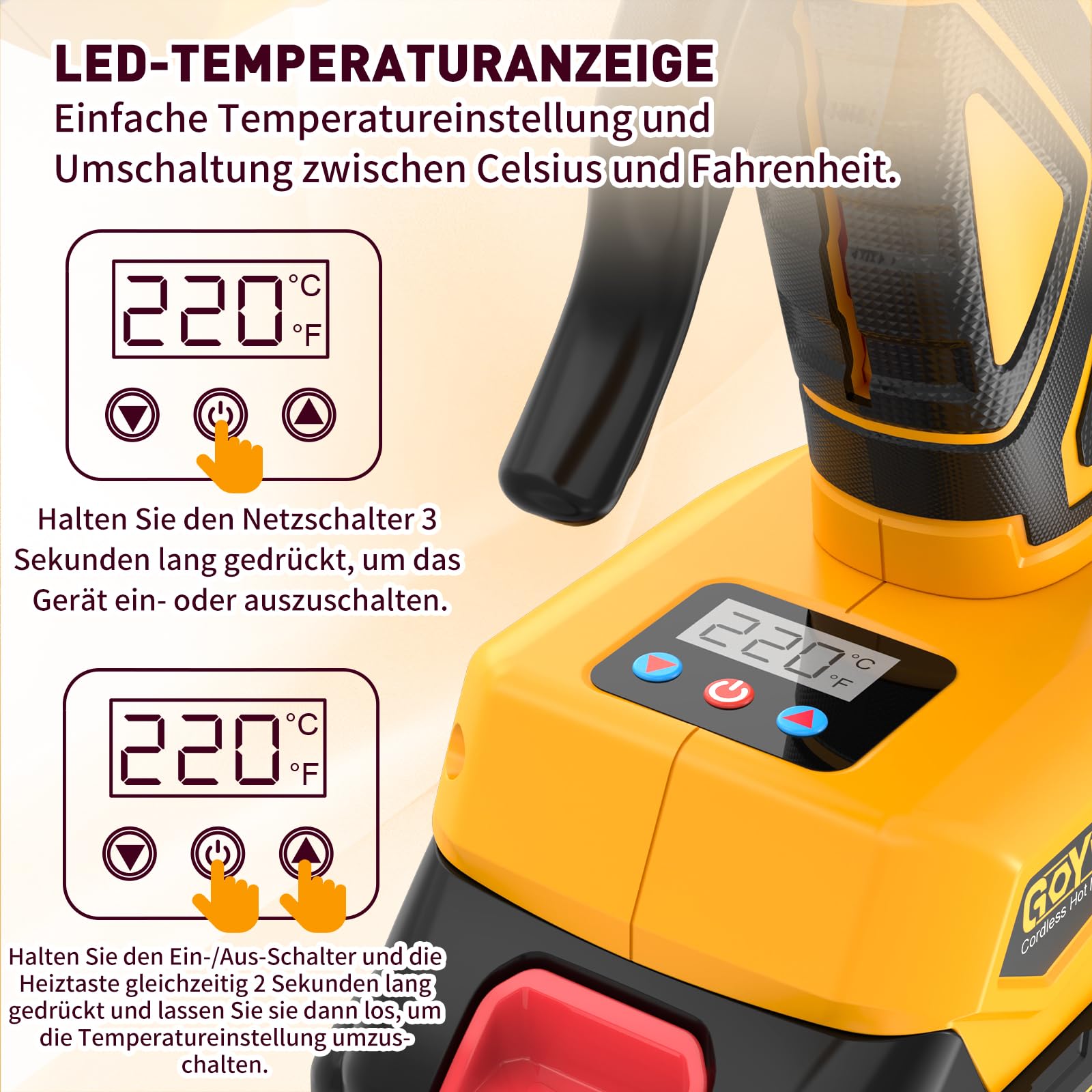 21V Heißklebepistole Akku Kabellos - 150W Klebepistole Kabellos mit 2.0Ah Akku, 100-220℃ Temperaturstufen, Anti-Tropf-Düse, Heissklebepistole Klebepistole zum Basteln inkl. 20 Klebestifte 11mm