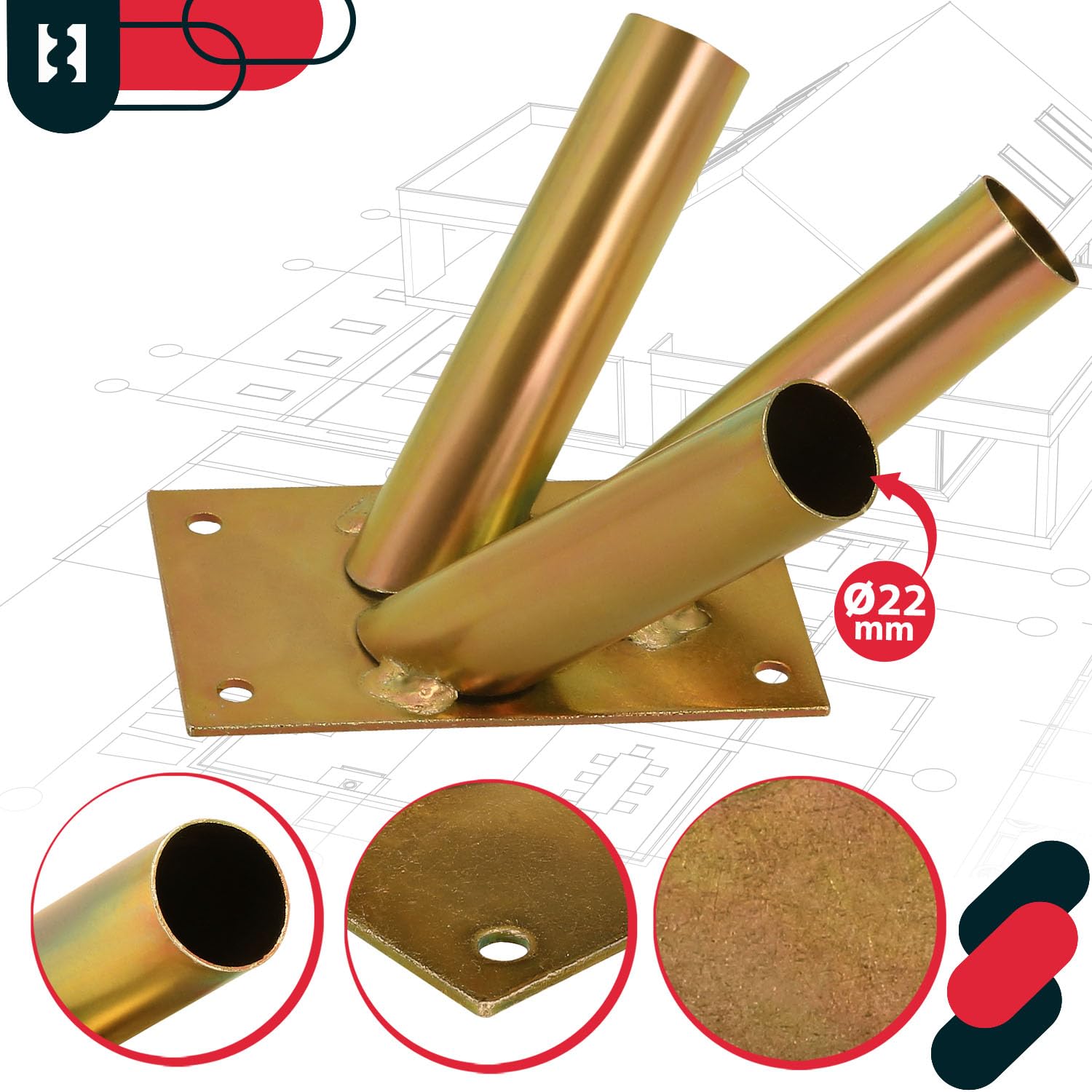 KOTARBAU Base de Soporte para Bandera Triple Base de mástil Soporte para asta de Bandera Soporte de Montaje en Pared galvanizado en Caliente Dorado, 120 mm
