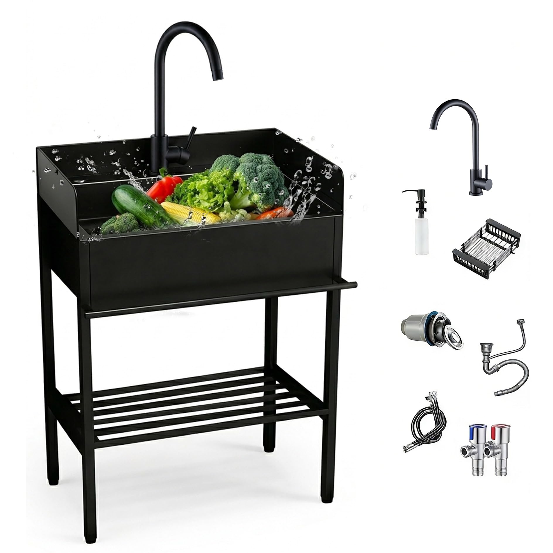Lavandino Inox con Mobiletto, Lavatoio da Esterno e Giardino Autoportante con Paraspruzzi su 3 Lati, Vasca Lavanderia Altezza 92cm con Miscelatore, Lavello per Garage, Officina(60 x 45 x 92cm)
