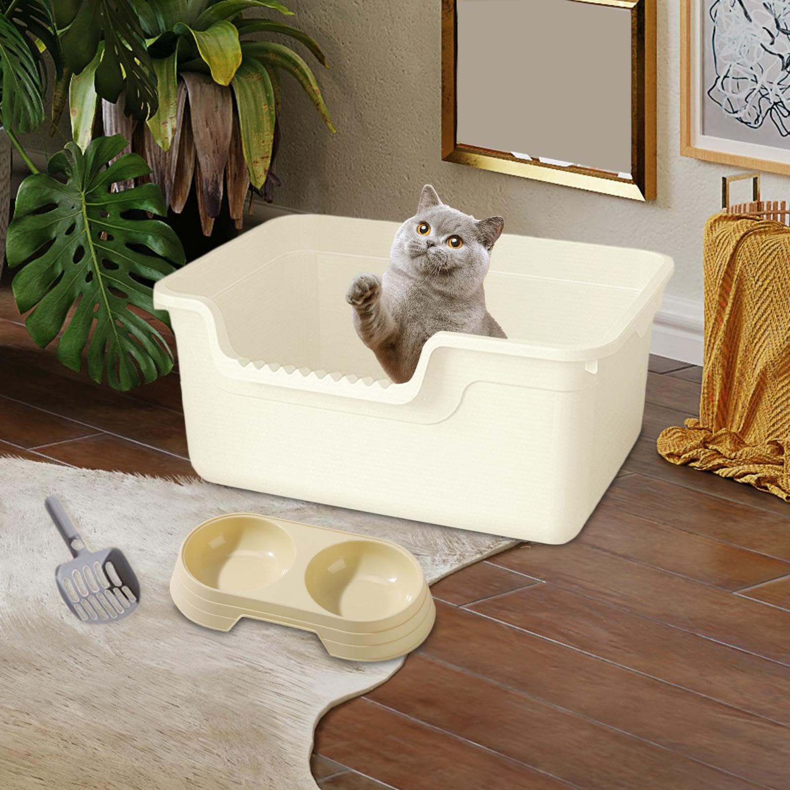 Juego de Arenero para Gatos de 3 Piezas, Bandeja Abierta con Bandeja de Arena Tamizada Y Recipiente para Arena con Cuchara, Fabricado en Material PP,