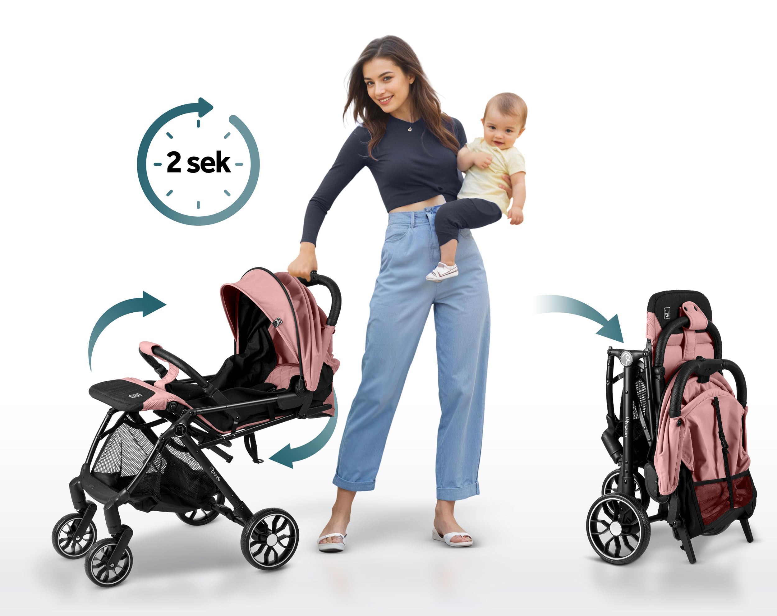 Nukido Passeggino per bambini 0-36 mesi 0-15 kg pieghevole automatico in 2 secondi ruote a 360° con ammortizzazione grandi ruote tuttofare rosa