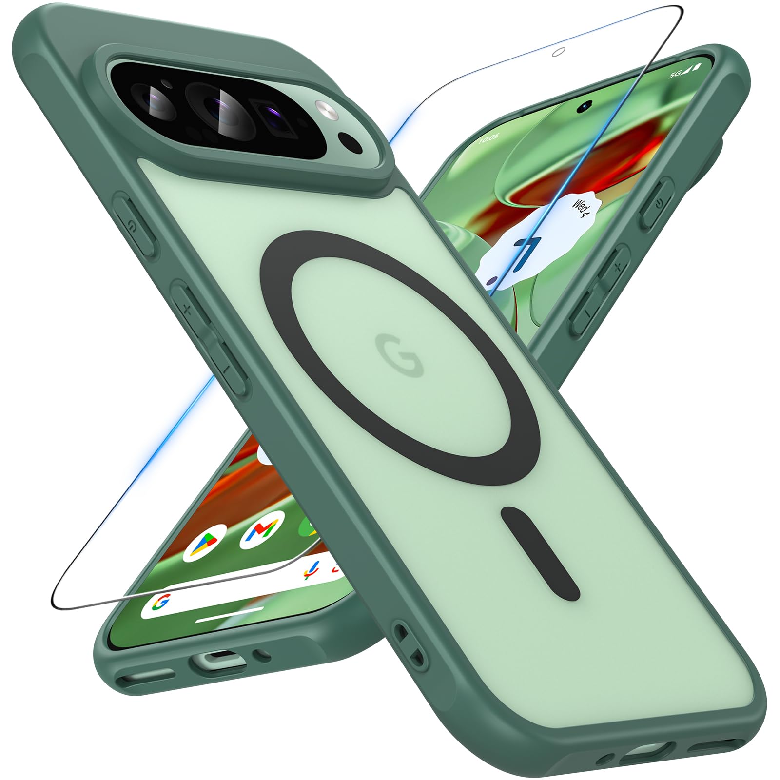 OWKEY Google Pixel 9 Pro Case, Google Pixel 9 Case For Magsafe With Tempered Glass Screen Protector,[Shockproof Military] Magnetic Translucent Slim Bumper Cover Phone Case Pixel 9/Pixel 9 Pro,Green