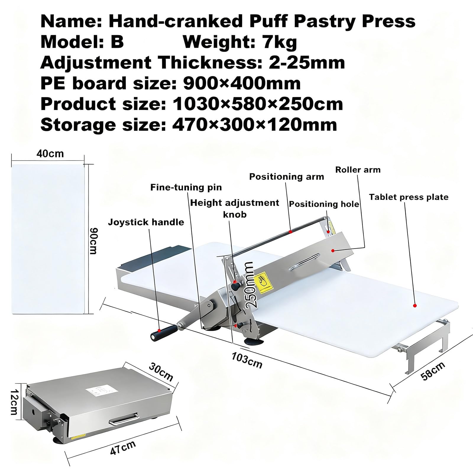 Laminoir à pâte Manuel, laminoir à pâte de comptoir en Acier Inoxydable, épaisseur réglable pour pâte à Pizza et Boulangerie Domestique et Commerciale B