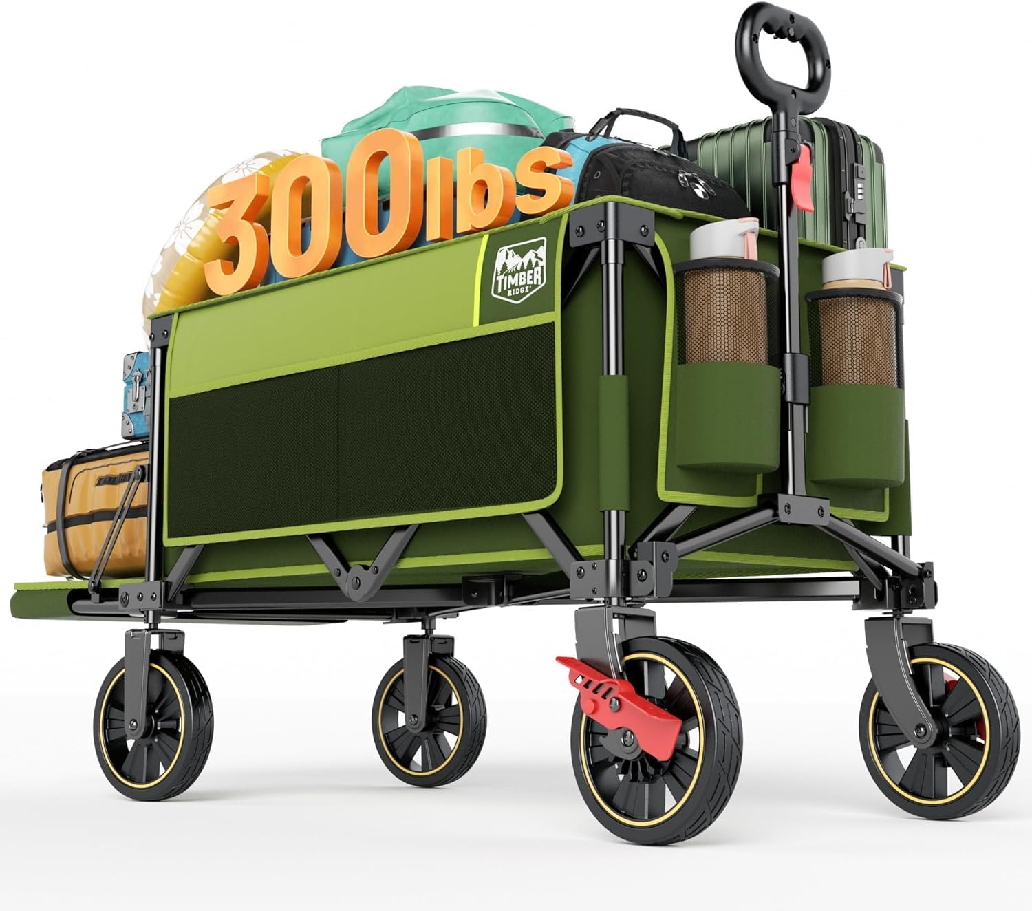 Green Timber Ridge wagon with a dog sitting comfortably inside, tailgate open.