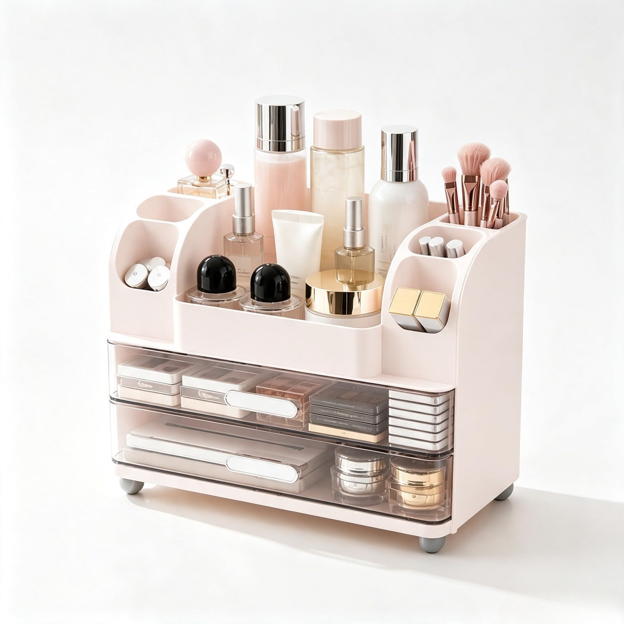 Makeup Organizer with Drawers for Vanity,Bathroom Countertop Organizer with Brushes Holder,Skincare Storage Organizer for Lipsticks,Nail Polishes, Perfumes,Eyeshadow Palettes (Pink)