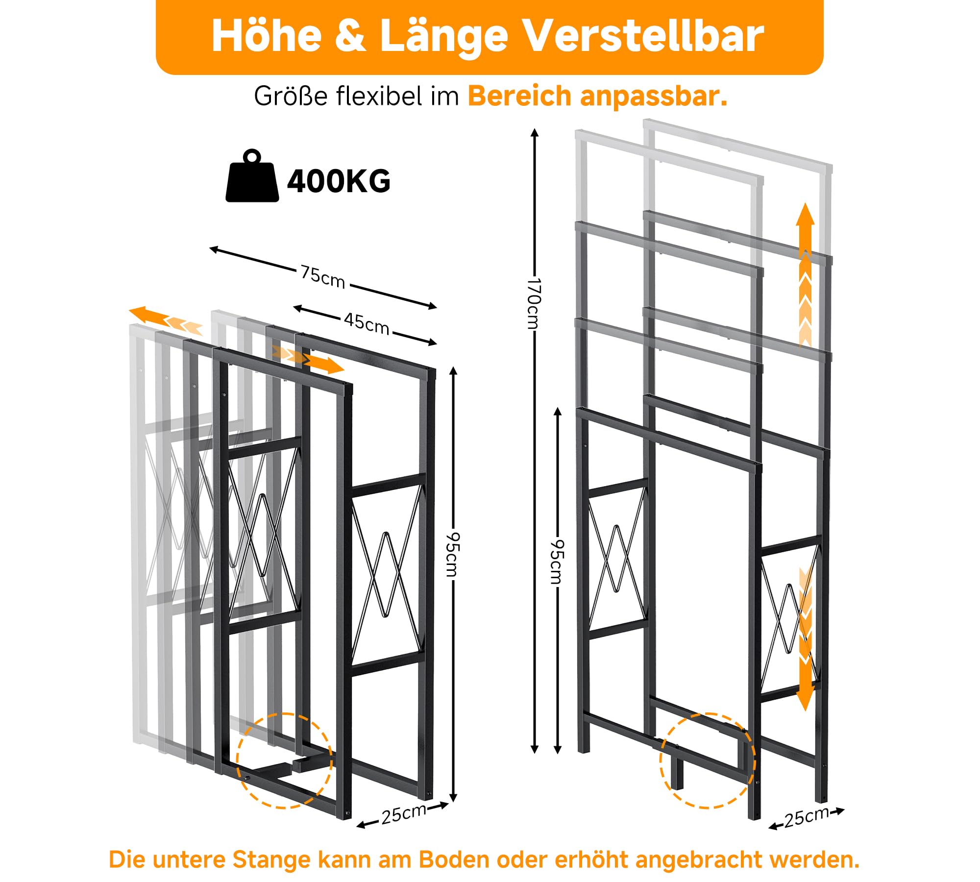 HFHOME Kaminholzregal Höhen- und Längen Verstellbar für Innen & Außen, Metall Brennholzregal für Brennholz Aufbewahrung mit Rutschfester Matte, Holzregal Max. 75 x 25 x 170cm