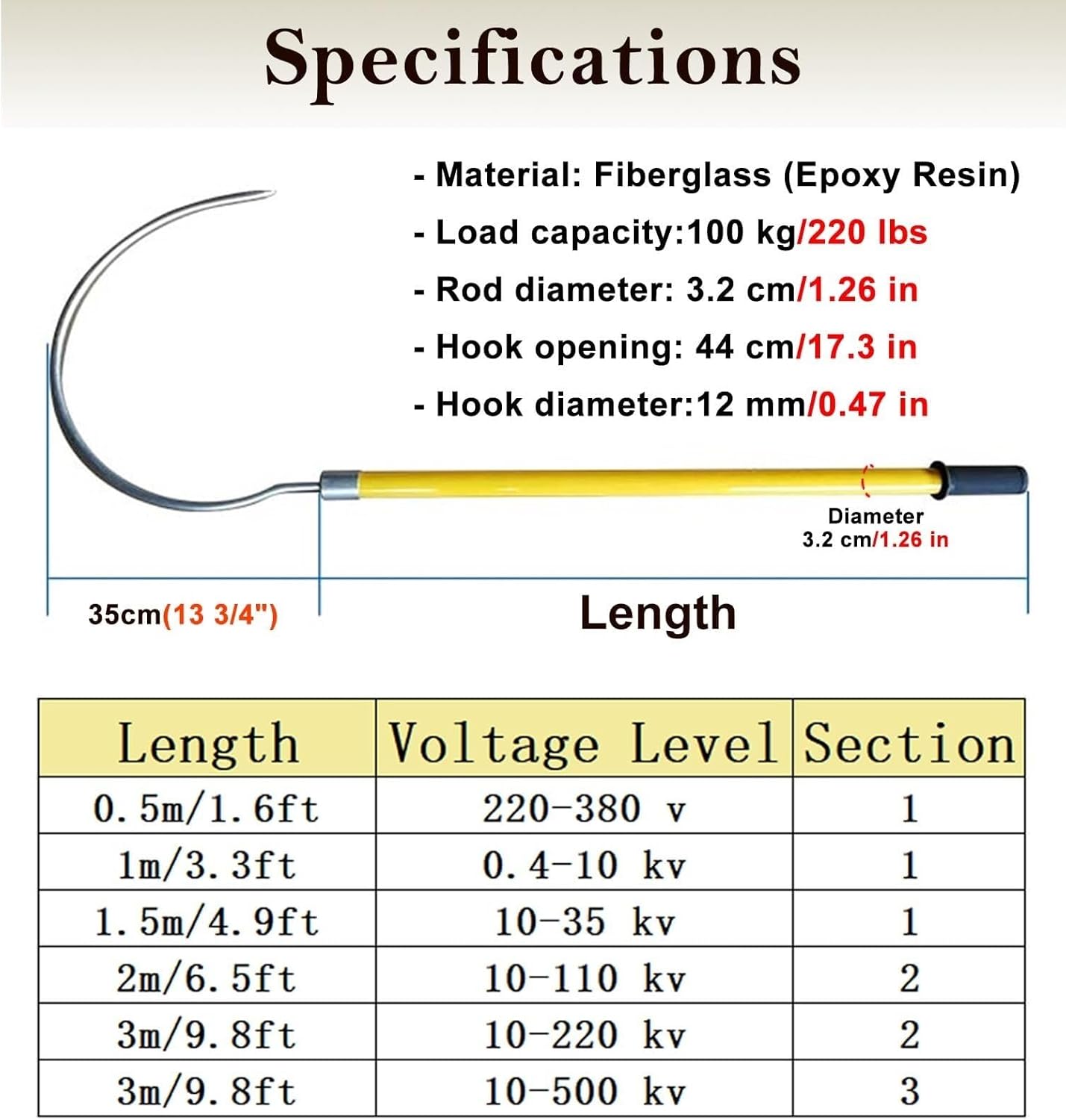 High Voltage Insulation Rescue Hook, Emergency Insulated Pole for 10KV to 500KV, Electrical Safety Tool, 3M (9.8ft) Length, Ideal for Power Line Rescues
