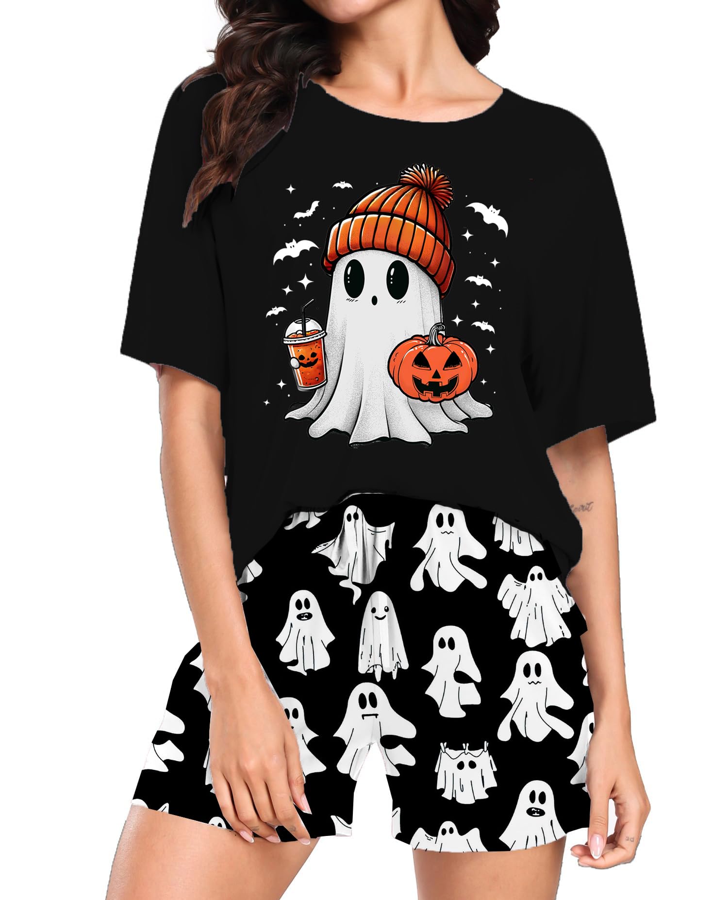 tiorhooe Piżama damska na Halloween, z krótkim rękawem, dwuczęściowa | Zestaw wypoczynkowy, oddychająca tkanina, motywy dyni, krótkie spodnie, bardzo wygodne dopasowanie, idealne na imprezy i