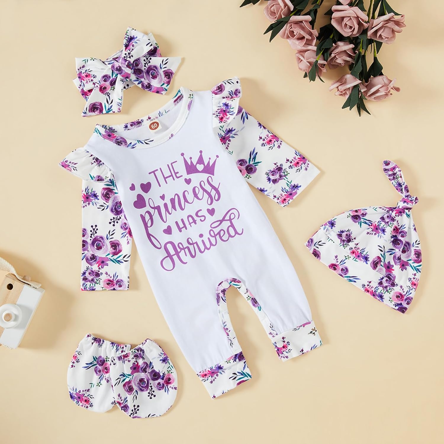 GRNSHTS Newborn Baby Girl Romper Infant Letter Print Jumpsuit Floral Bodysuit+Hat+Headband+Gloves Coming Home Clothes Outfits - Image 2