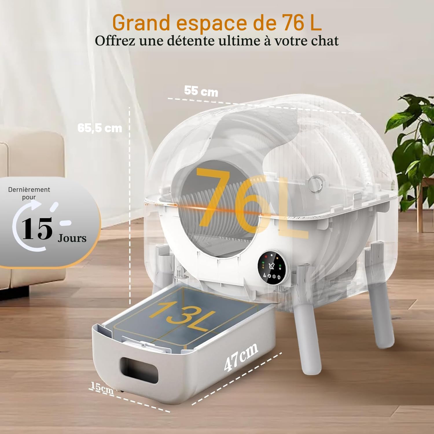 Litière Chat Autonettoyante XXL 76L, App, Anti-Odeur, LED, Multi-Chat | Capteurs sécurité anti-pincement, module parfum anti-odeur, 76L+13L, 1.5-12.5kg, éclairage LED, app poids, multi-chats, 15j.