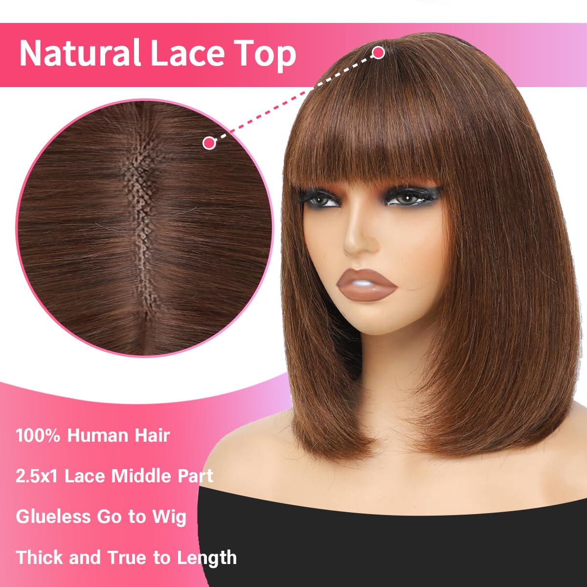 bob wig with bangs human hair brown wig human hair short hair wigs for black women 2.5x1 inch bob glueless 12inch middle part bang wig human hair 12 inch 4#